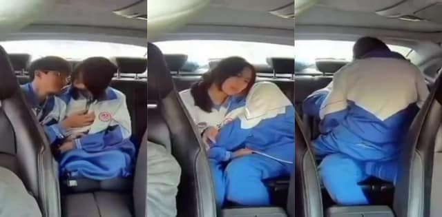 高州四中出租车学生情侣，后座亲热摸胸被监控拍全了