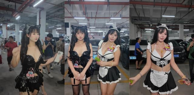 漫展双女仆黑白丝反差扭动停车场现场直接沸腾