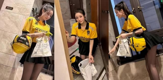 外卖媛小美1400元牛杂汤被玩到失控黑丝美腿被按在墙上狂抽