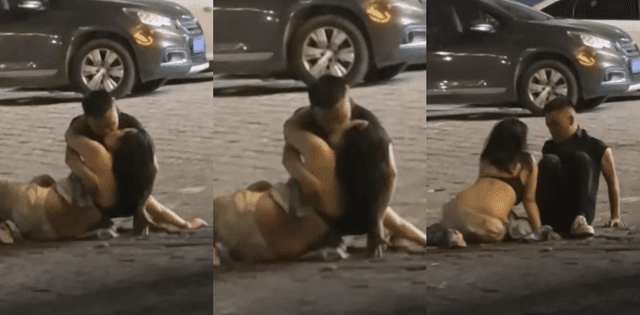 醉酒女当街脱光奶子晃荡被男的按在栏杆野战路人手机闪光灯拍爆了