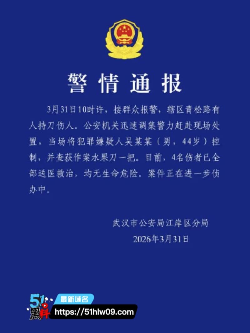 武汉青松路这波太离谱，44岁大叔持刀随机捅了4个人，现场乱成锅了
