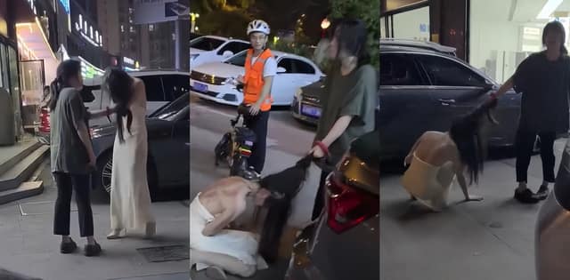 邵阳街头捉奸实录丨看着娇滴滴的白裙小三被原配拽头发拖行太狠了