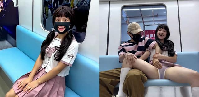 樱花小猫看着像乖乖女，私下在地铁上被揉得娇喘连连