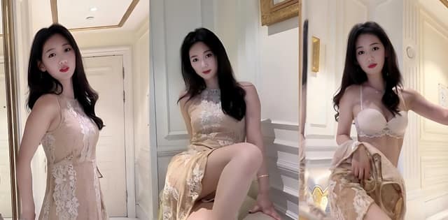 唐安琪米色蕾丝裙底风光逐帧解说被美腿和内裤勾走魂