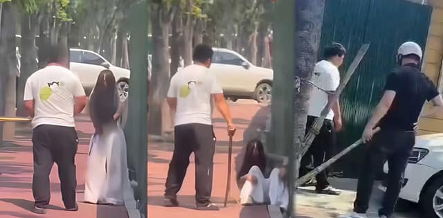 白裙少妇街头偷情被抓，丈夫拿竹竿现场暴揍，路人劝架还被骂