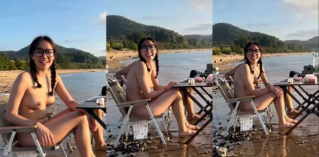 cikaimoon看着像个文静眼镜妹，海边全裸野餐这反差也太野了