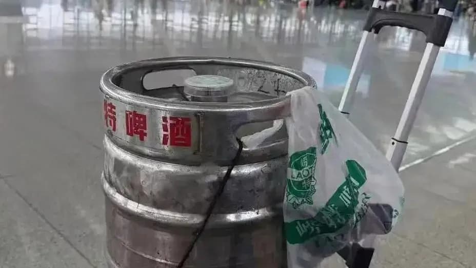 青岛火车站拖铁桶扎啤返乡两件事盘点：硬核伴手礼梗怎么火的