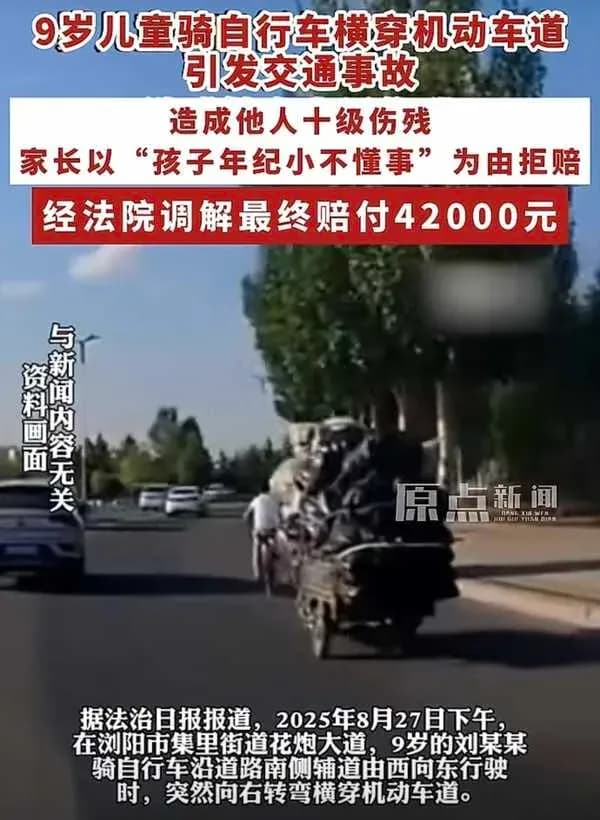 家长称「年纪小不懂事」，9岁骑车横穿致十级伤残，调解赔4.2万