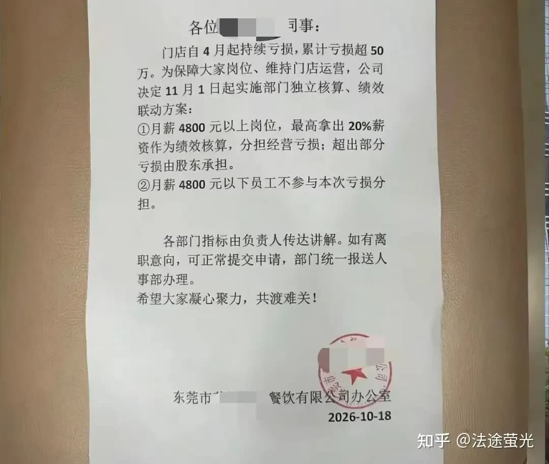 东莞餐饮公司让员工分担亏损始末：最高20%，员工不同意后取消