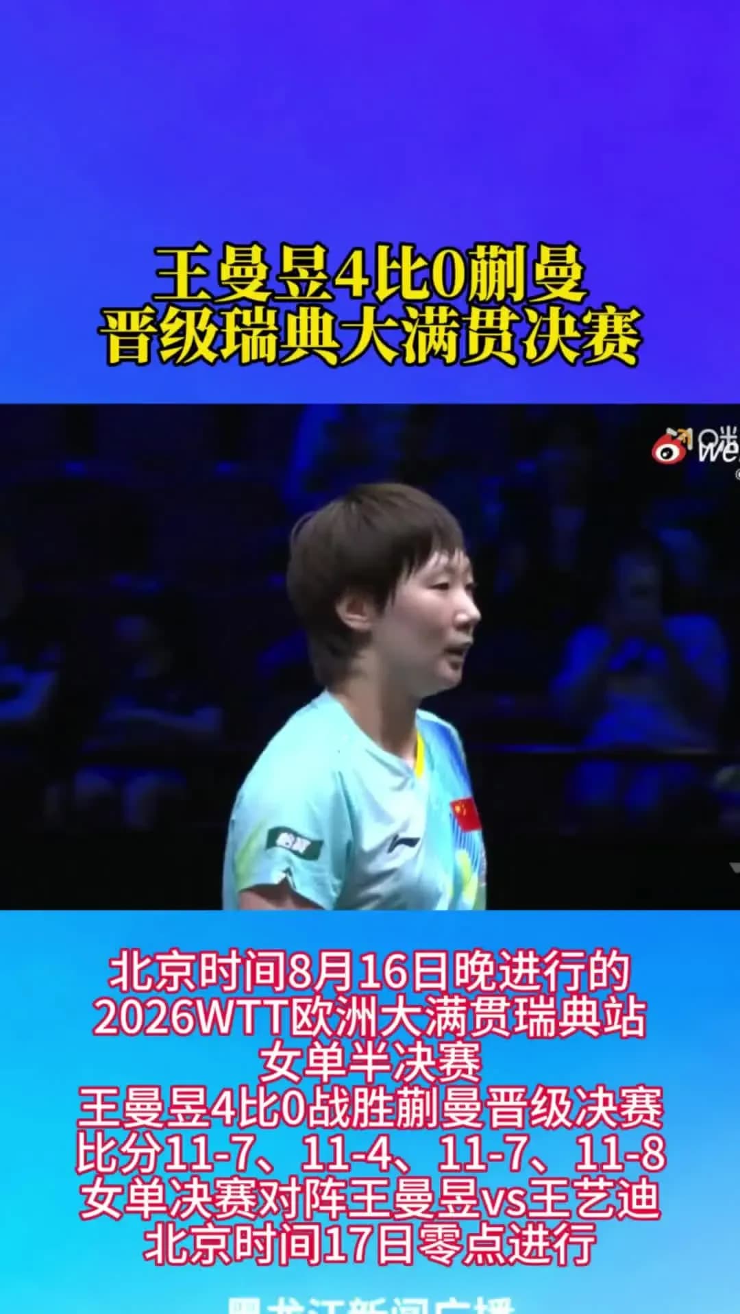 横扫蒯曼挺进决赛，王曼昱把瑞典大满贯冠军收入囊中